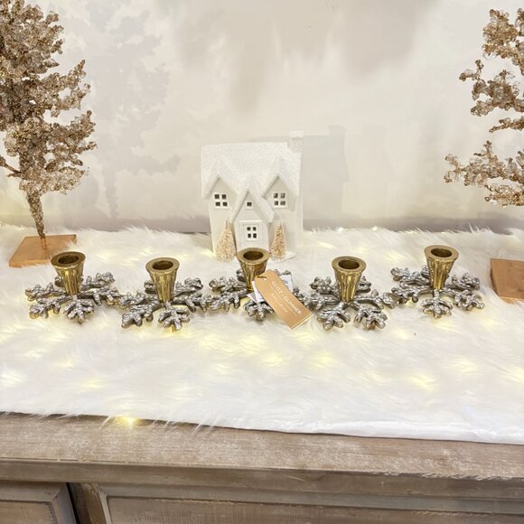 Holiday Gold Brass Metal 5 Taper Candelabra Centerpiece Snowflakes Rhinestone - Picture 1 of 9